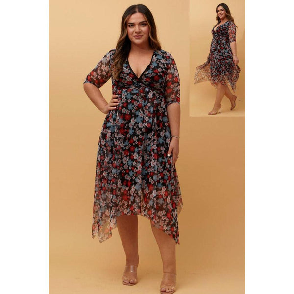 3/4 Sleeve Floral Printed Mesh Hanky Hem Dress-Red - Willow and Vine