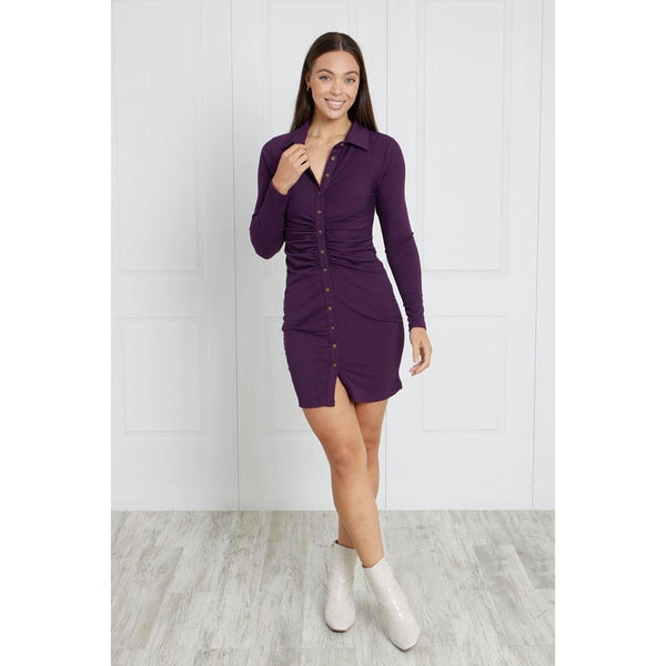 Button Front Ruched Short Dress - Berry - Willow and Vine