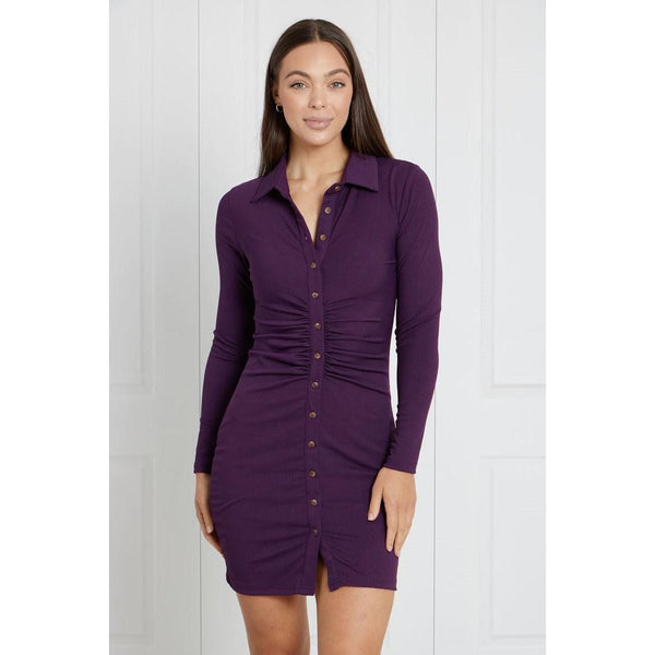 Button Front Ruched Short Dress - Berry - Willow and Vine