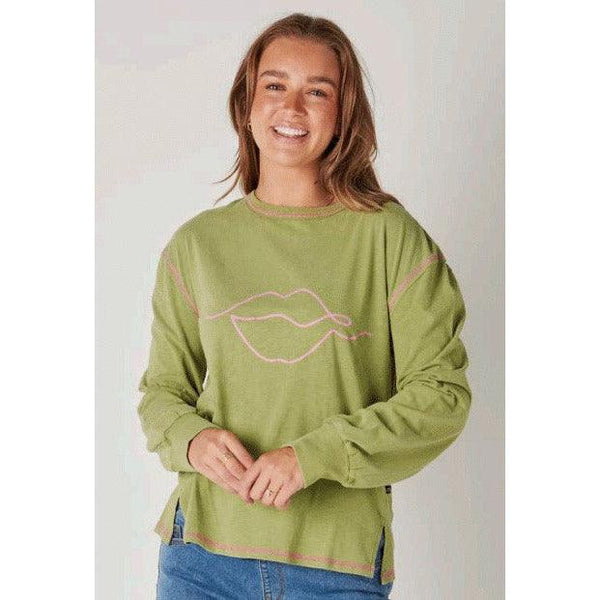 Contrast Stitch Top- Green Lips - Willow and Vine
