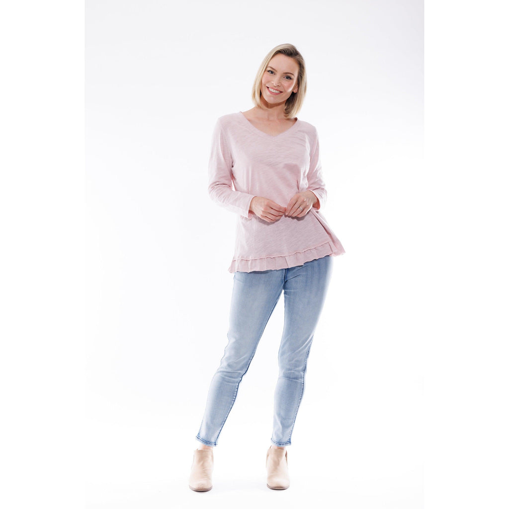 Cotton Frill Hem Long Sleeve Top - Pale Pink - Willow and Vine