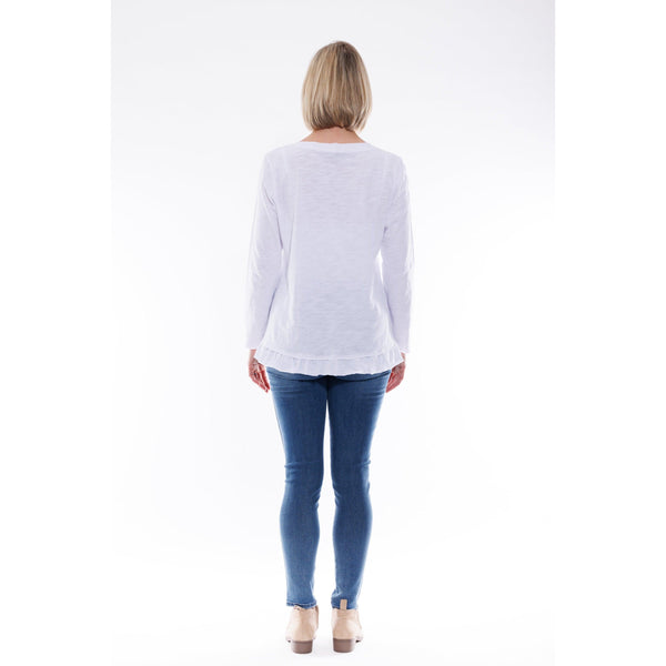 Cotton Frill Hem Long Sleeve Top - White - Willow and Vine