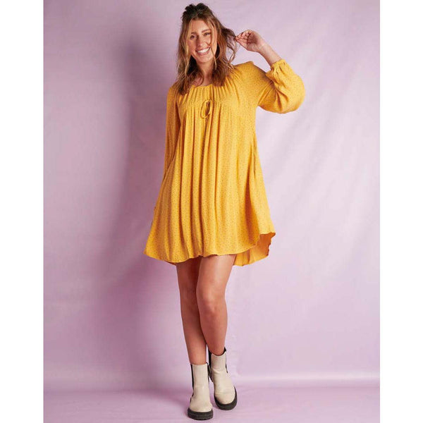 Gathered Neck Dress - Mustard & Pink Spot - Willow and Vine