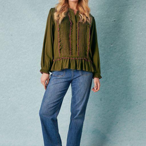 Long Sleeve Pleat Front Blouse - Olive - Willow and Vine