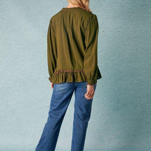 Long Sleeve Pleat Front Blouse - Olive - Willow and Vine