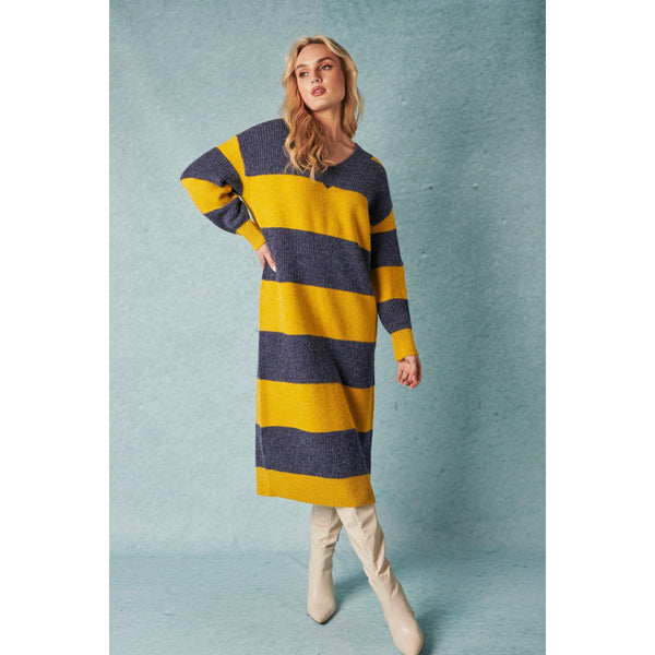 V-Neck Sweater Dress - Citrus Blue Stripe - Willow and Vine